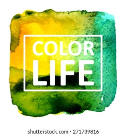 Vector hand draw watercolor spot background with text in frame for banners, advertising, cards, brochure, posters . Eps10