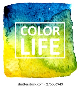 Vector hand draw watercolor spot background with text in frame for banners, advertising, cards, brochure, posters . Eps10