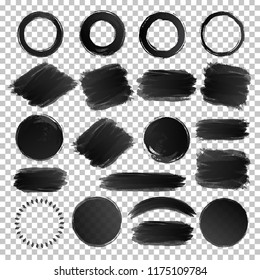 Vector hand draw watercolor texture brush strokes set black color isolated on transparent background for painting, logo, emblem, label. Hand made grunge stripes set. 10 eps