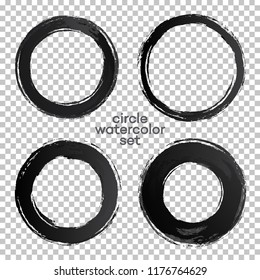Vector hand draw watercolor texture ring brush strokes set black color isolated on transparent background for painting, logo, emblem, label. Hand made grunge stripes circle. 10 eps