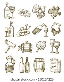 vector hand draw wine icons set on white