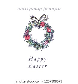 Vector hand draw wreath design for Easter greetings card colorful color. Typography and icon spring holiday background, banners or posters and other printables