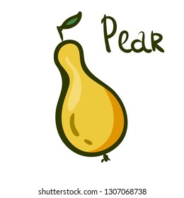 Vector hand draw yellow pear illustration. isolated on white background. sketch, juice fruit with word Pear. menu, poster. Isolated on white background. logo leaflets, cards, posters, prints