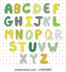 Vector hand drawing alphabet in bright colors on the doted pattern. Colored letters with shadows.