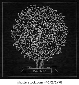 vector hand drawing apple tree in boho style and black wooden background. May be used as a print for your T-shirt design.