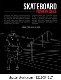 Vector hand drawing background with skateboarder and stairs, outline style graphic