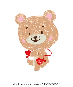 Vector hand drawing bear in a gloves. Doodle illustration. Good for wrapping,  baby shower, birthday, children's party, winter holidays.