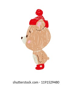 Vector hand drawing bearin a hat. Doodle illustration. Good for wrapping,  baby shower, birthday, children's party, winter holidays.