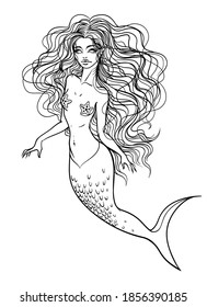 Vector hand drawing beautiful sea mermaid. A mermaid with long hair curls intertwined. Coloring page. On a white background