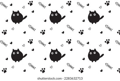 Vektorgrafik - Hand gezeichnete schwarze Katze, Pfoten und Fischknochen auf weißem Hintergrund.