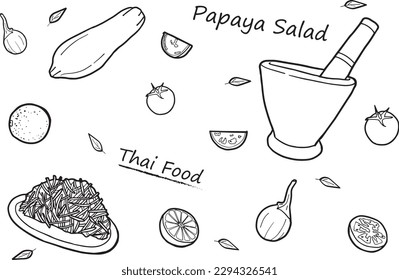 Vector hand drawing black line art on white background about papaya salad,one of the popular Thai food ingredients, papaya,chili,lime,tomato,used for cooking or bringing can offer about Thai food.