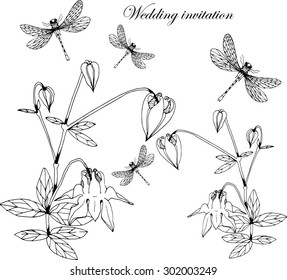 vector hand drawing black and white blossom flowers with dragonfly's  for wedding and other design
