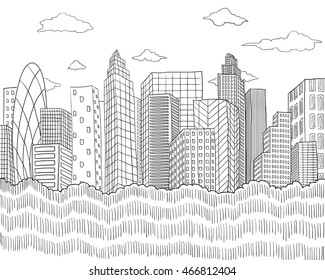 fondo de paisaje urbano blanco y negro de dibujo manual vectorial