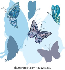 vector hand drawing blue butterfly's and silhouettes for floral, wedding and scrapbooking design 