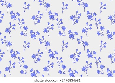 Vector hand drawing blue florals stem seamless pattern. Abstract artistic branches with tiny flowers print on a light background. Simple nature ornament for design, fashion, surface design, fabric