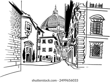 vector hand drawing Cathedral Santa Maria del Fiore trough street Via dei Servi in Florence city italy panoramic in black and white