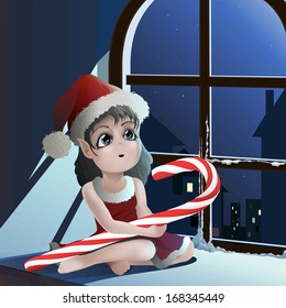 Vector hand drawing christmas elf with candy. Little cartoon elf for christmas postcard decoration. Anime elf.