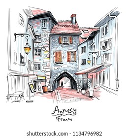 Vector hand drawing, city view with Gorgeous medieval arch gate Sepulchre Gate on the street Rue Sainte-Claire in Old Town of Annecy, France.