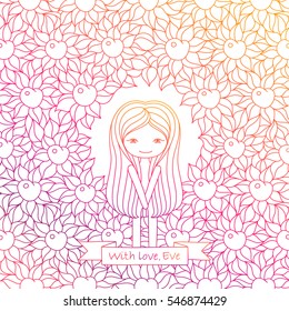 vector hand drawing color illustration with Eve and floral background