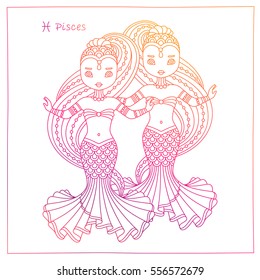 vector hand drawing color illustration of the Pisces zodiac sign. May be used as a print for your T-shirt design.