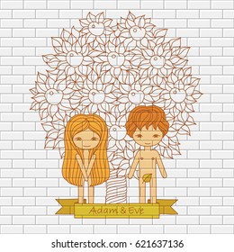 vector hand drawing color illustration of a biblical scene with Adam and Eve. White brick wall background. Concept for invitation, card, poster, emblem, interior design
