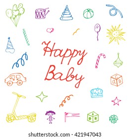 Vector hand drawing color toys. Set of the sketch element for a kids. Color child doodles. Hand drawn color icons. Sketch toys and others symbols of childhood. Handdrawn vector. 