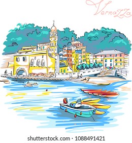 Vector hand drawing of colorful houses, boats and church in Vernazza fishing village in Five lands, Cinque Terre National Park, Liguria, Italy.