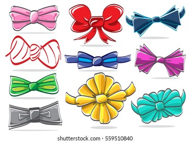 Vector hand drawing colorful pattern ribbons and bow-ties sets