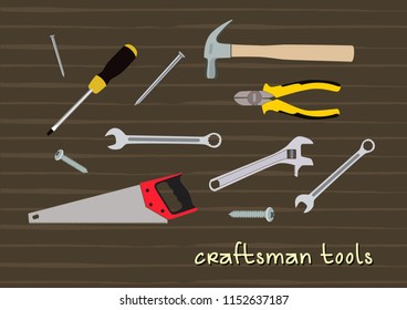 Vector hand drawing craftsman tools with Brown background, hammer ,hacksaw, screwdriver ,pliers. Illustration.