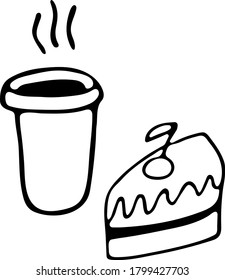 vector hand drawing cup of hot drink and cake