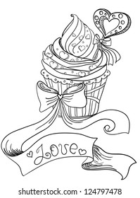 Vector hand drawing cupcake with hearts and ribbon