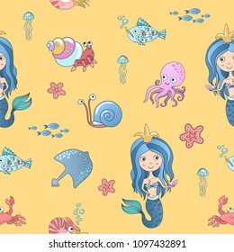 Vector hand drawing cute little mermaid princess with marine life seamless pattern background.