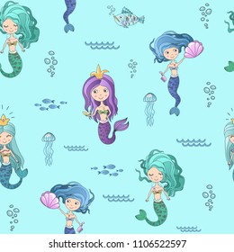 Vector hand drawing cute little mermaid princess seamless pattern background.