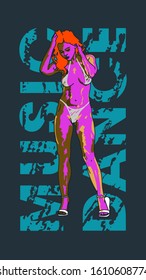 Vector hand drawing of a dancing girl dressed in a bikini. Music dance phrase for posters, flags and t-shirts.