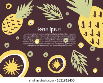 Dibujo vectorial con decoración de frutas y bayas. Afiche concepto de comida saludable para agricultores diseño de menú de mercado. Postales, banner, invitaciones, volantes para jugo orgánico, natural 