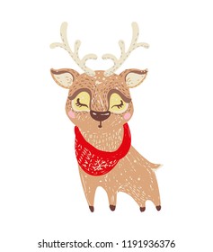 Vector hand drawing deer in a scarf. Doodle illustration. Good for wrapping,  baby shower, birthday, children's party, winter holidays.