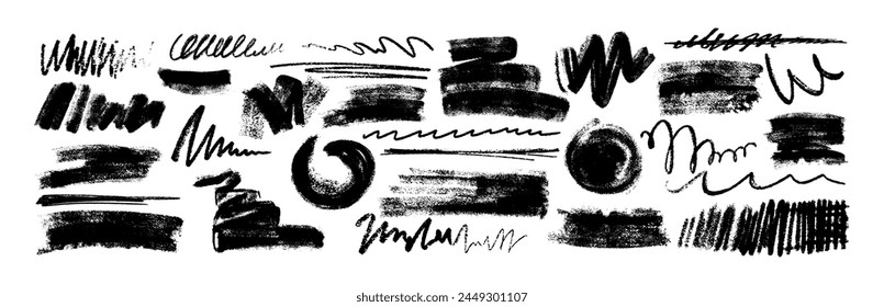 Vector hand drawing doodle charcoal strokes, scribbles and curly lines. Crayon squiggles, black sketches and wavy underlines element set. Abstract simple shapes and chalk strips with pencil texture.