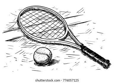 Vector hand drawing drawn illustration of tennis racket and ball on the court ground.