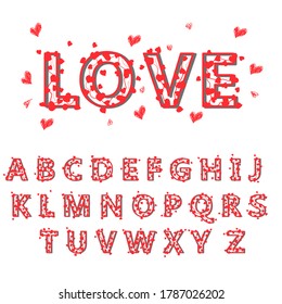Vector hand drawing of the English alphabet. Uppercase volumetric red letters of the Cyrillic alphabet. English romantic font hearts on white isolated background.