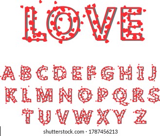 Vector hand drawing of the English alphabet. Uppercase volumetric red letters of the Cyrillic alphabet. English romantic font hearts on white isolated background.