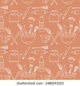Vector hand drawing engraving seamless pattern with kitchenware tools
