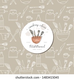 Vector hand drawing engraving seamless pattern with design template label or logo for cooking courses