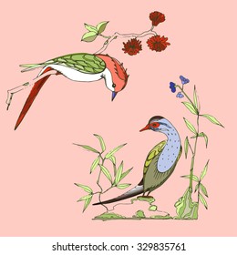 vector hand drawing exotic bird and flowers in chinoiserie style