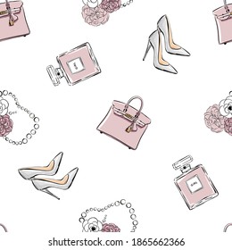 Vector hand drawing drawing fashion sketch shoes, perfume, bag, flowers, beads. Trend graphic contrasting glamour fashion seamless pattern in fashion style. Isolated elements