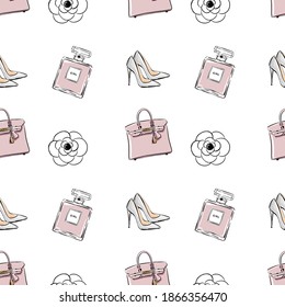 Vector hand drawing drawing fashion sketch shoes, perfume, bag, flowers, beads. Trend graphic contrasting glamour fashion seamless pattern in fashion style. Isolated elements