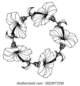 Ilustración de flor de dibujo manual vectorial sobre fondo blanco. Marco de círculo floral, arte de línea, adecuado para invitaciones, tarjetas de felicitación, impresiones, etc.