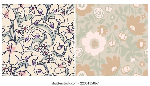 Vector hand drawing flower illustration seamless repeat pattern 2 designs set