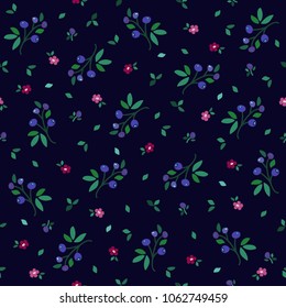 Vector hand drawing flowers and berries seamless pattern background. Summer blueberry illustration.