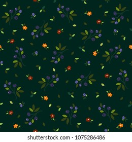 Vector hand drawing flowers and berries seamless pattern background. Summer blueberry illustration.
