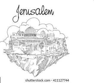 Vector Hand Drawing Flying Land JERUSALEM City
